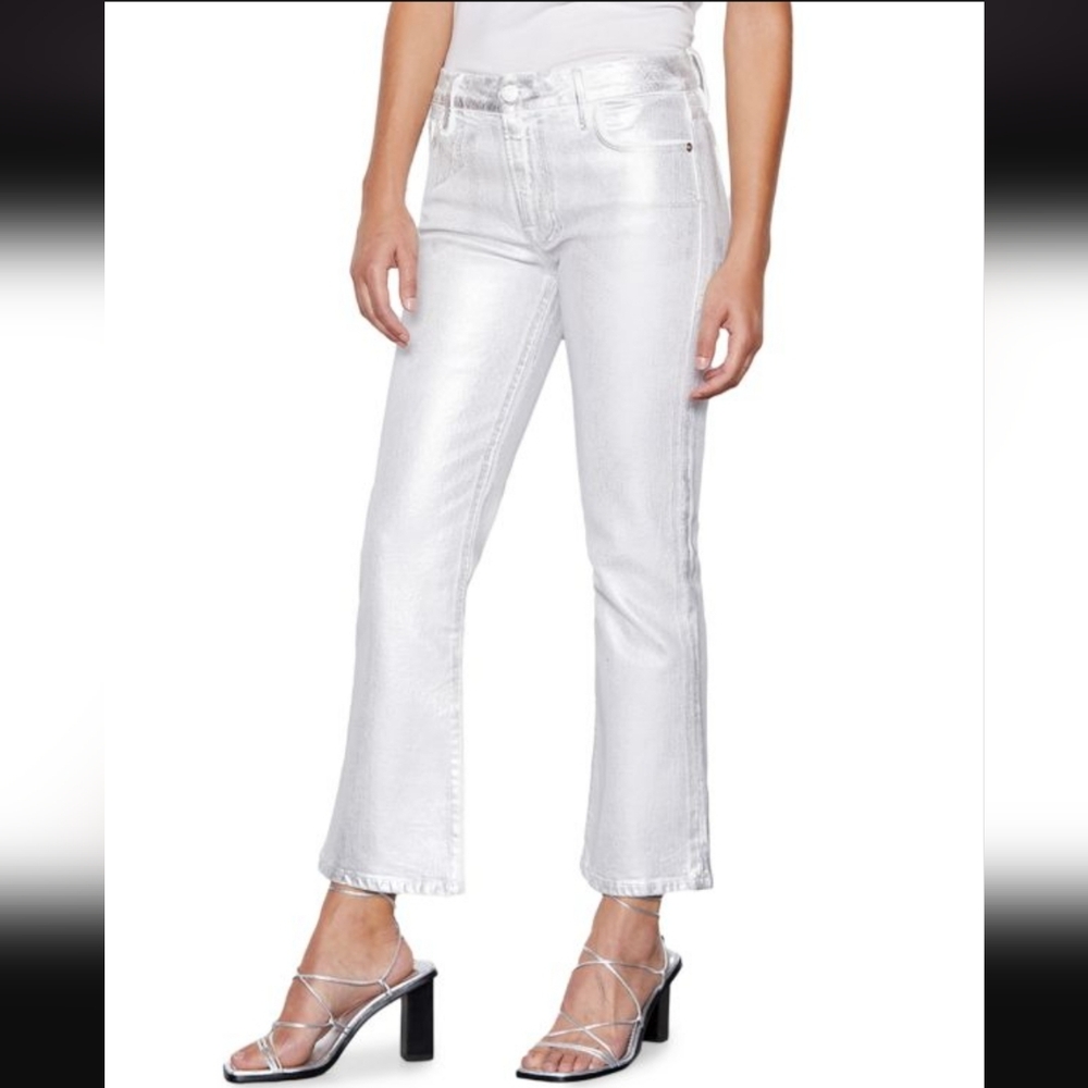 Frame Denim Shimmering Silver Flare Jeans Le Crop Mini Boot Size 27